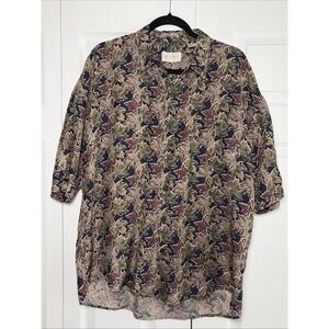 Summa Silk Leaf Print Button Down Mens Size L Navy Green Vintage 90s Silk Shirt